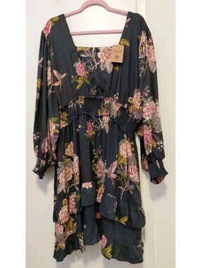 Romantic Gypsy Short Dress Floral Ruffle Peasant Bishop Sleeves Blue Pink 3X NWT